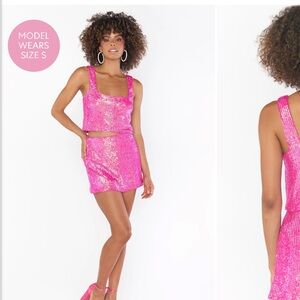 Show Me Your MuMu Pink Sequin Mini Skirt and Tara Crop Top set!
